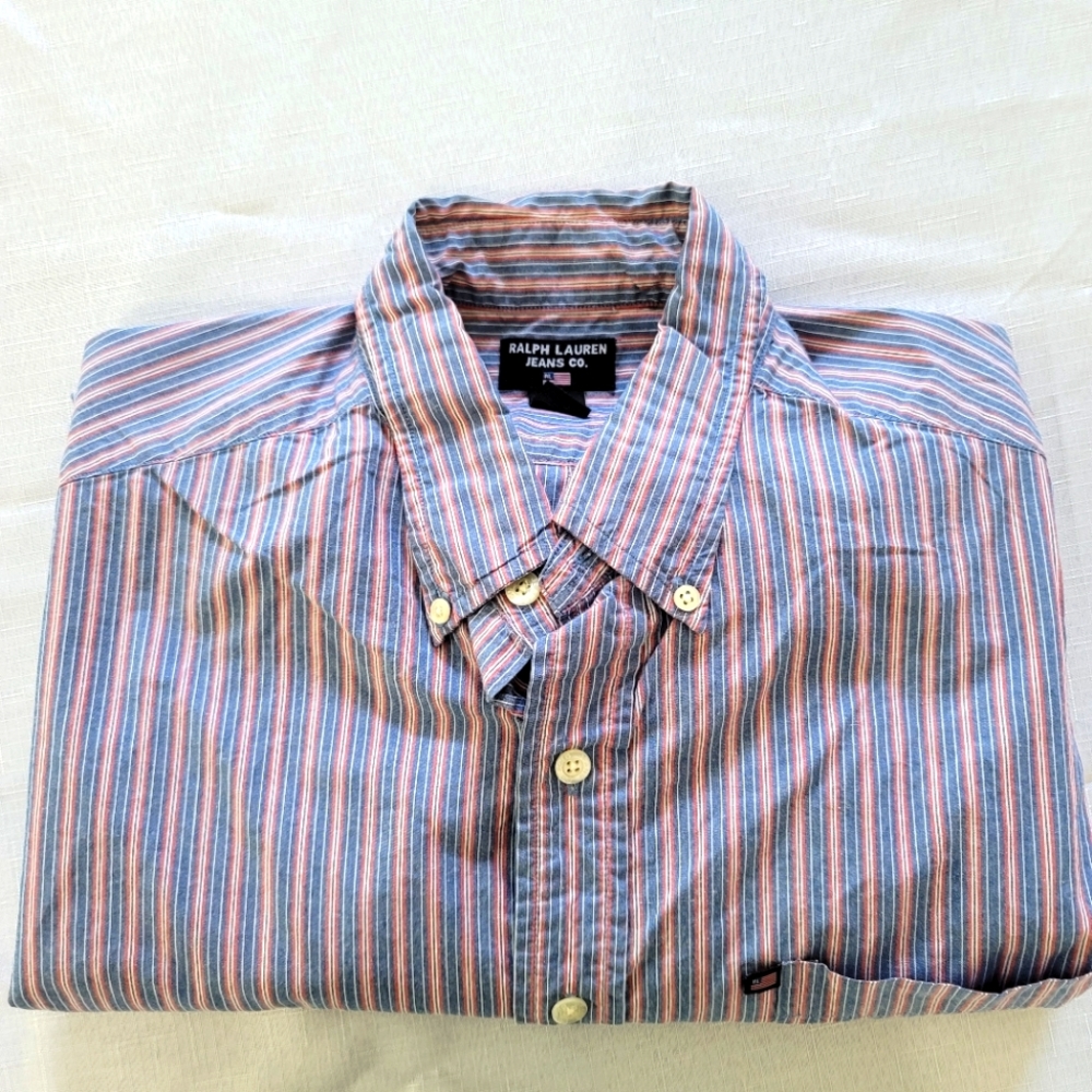Ralph Lauren Blue & Orange Men's Large Striped Button Up Dress Shirt